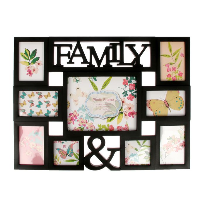 Фоторамка пластик на 9 фото 10х10 см 10х15 см 20х25 см "СемьЯ" чёрная 47,5х62,5 см
