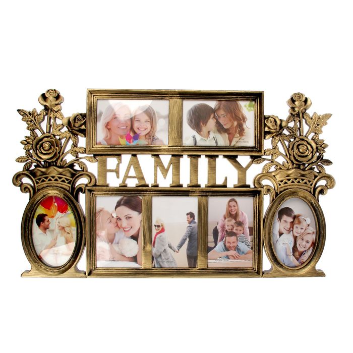 Фоторамка пластик на 7 фото 10х15 см "Ваза с цветами" золото 36,5х63 см