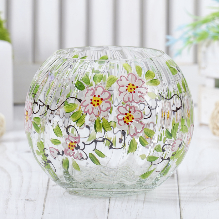 Ваза-шар "Сакура", рифлёная, прозрачная, ручная роспись