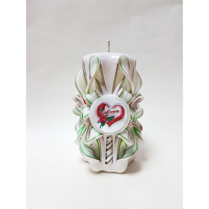 Свеча резная 10-11 см "Love" белая с зеленым и красным
