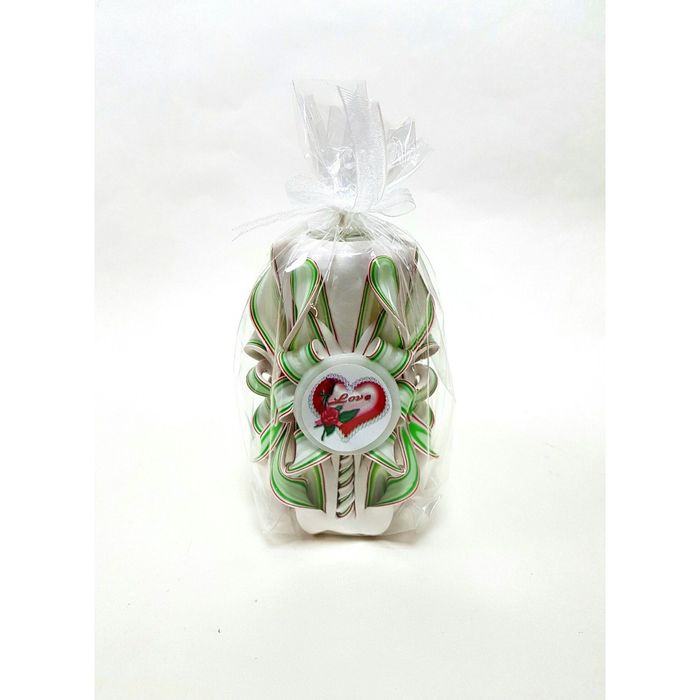 Свеча резная 10-11 см "Love" белая с зеленым и красным