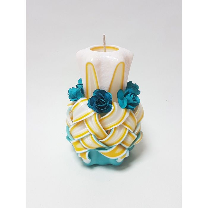 Свеча резная 10-11 см "Ананас с цветами" желто-бирюзовая