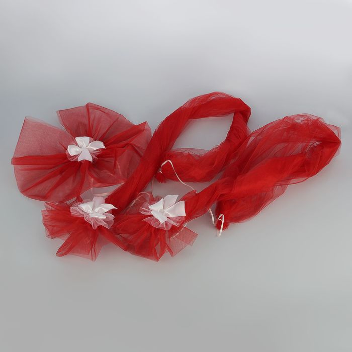 Набор для украшения автомобиля из фатина: кольца на крышу, 2 ленты на капот с бантами для зеркал, бант на решетку радиатора, 4 бантика на ручки, красный