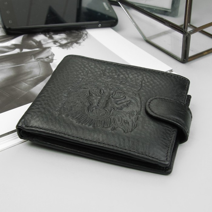Портмоне мужское "Волк", 3 отдела, отдел для карт, для монет, цвет чёрный