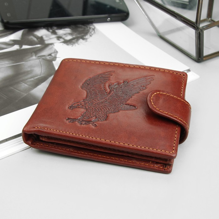 Портмоне мужское "Орёл", 3 отдела, отдел для карт, для монет, цвет коричневый