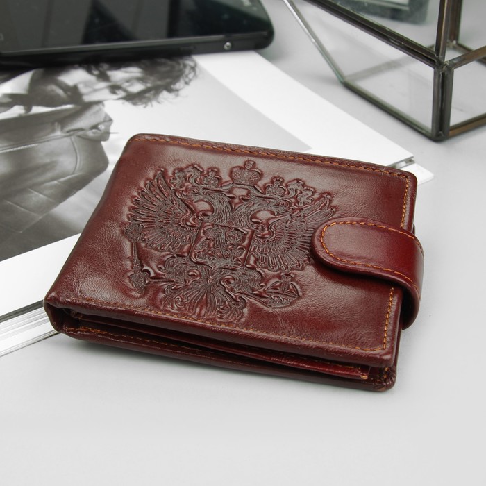 Портмоне мужское "Герб", 3 отдела, отдел для карт, для монет, цвет коричневый