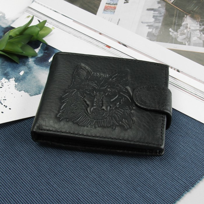 Портмоне мужское "Волк", 3 отдела, отдел для карт и монет, цвет чёрный