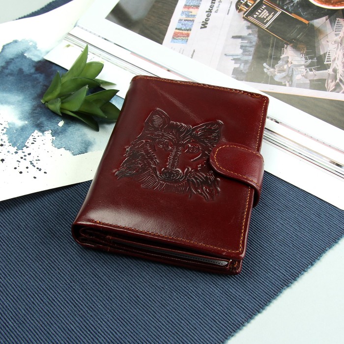 Портмоне мужское 3 в 1 "Волк", с отделом для автодокументов и паспорта, 2 отдела для монет и карт, цвет коричневый