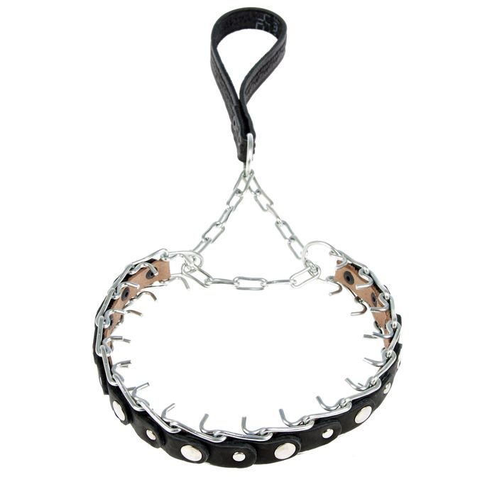 Ошейник строгий проволочный «Зооник», сварная цепь и кожа, с ручкой, 3 см, обхват шеи 23-30 см