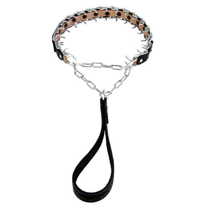 Ошейник строгий проволочный «Зооник», сварная цепь и кожа, с ручкой, 3 см, обхват шеи 23-30 см