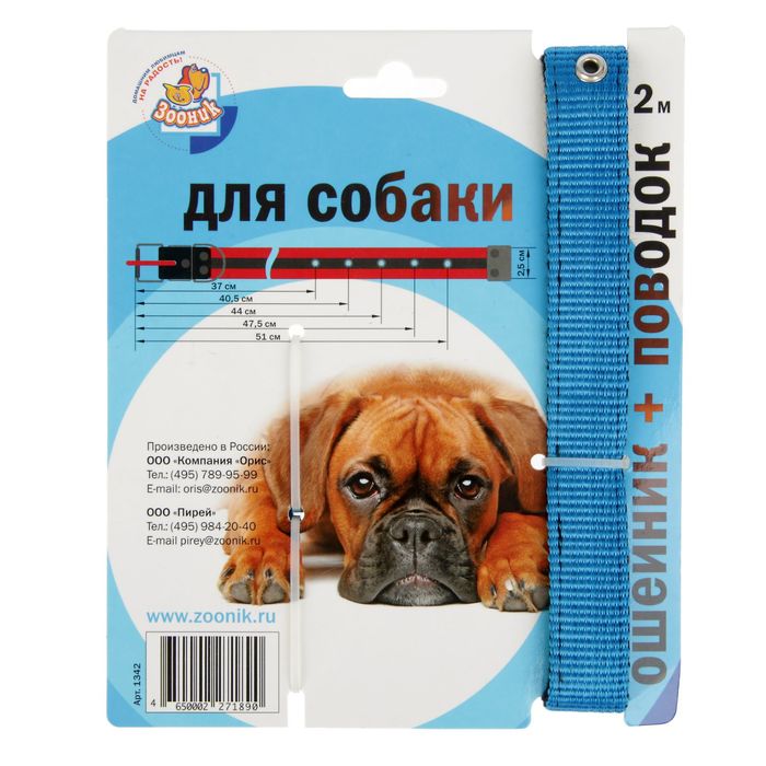 Комплект капроновый Зооник, ошейник 37-51 х 2,5 см и поводок 2 м микс цветов