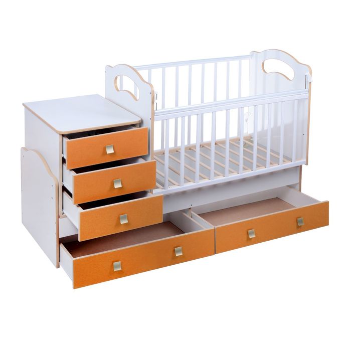 Детская кровать-трансформер Infanzia с поперечным маятником, цвет белый/оранжевый, дизайн боковых стенок МИКС