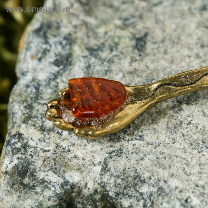 Сувенир кошельковый Ложка-Ладошка, латунь, с натуральным янтарём