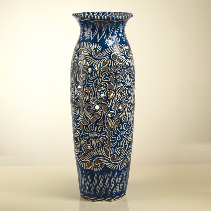 Ваза напольная "Луиза" резная, синяя, глазурь