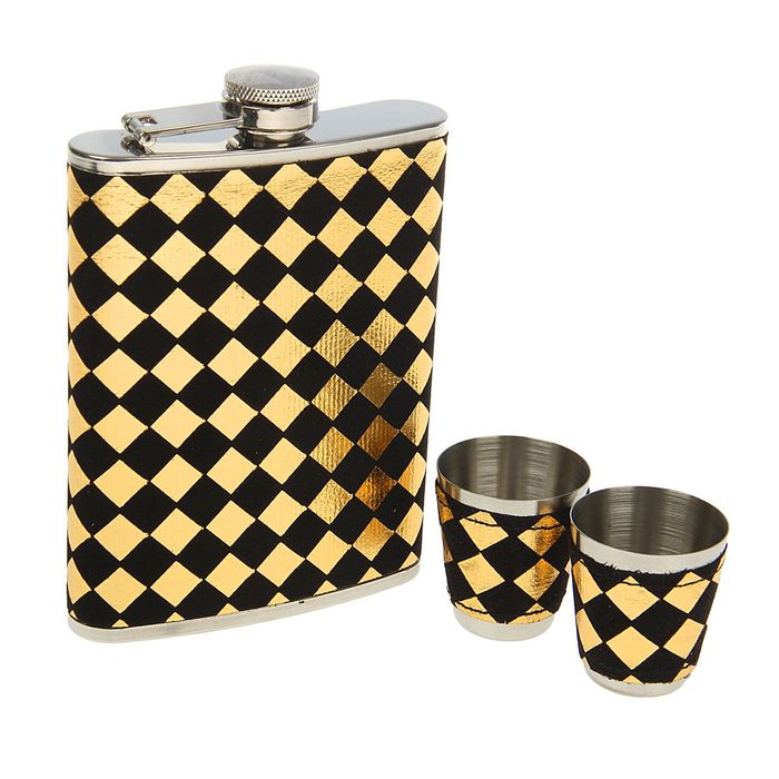 Подарочный набор 3 в 1 "Ромбики", чёрно-золотистый: фляжка 240 мл + 2 рюмки