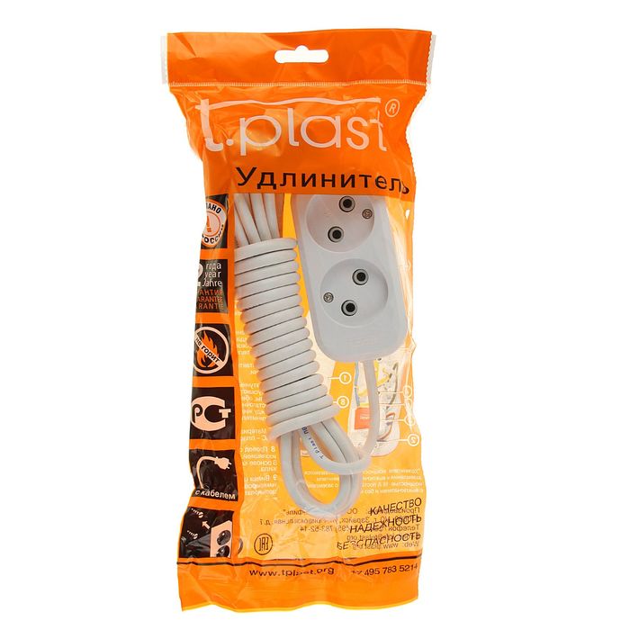 Удлинитель T.plast, 2 розетки, 5 м, 10 А, без з/к, 32.75.220.0405,