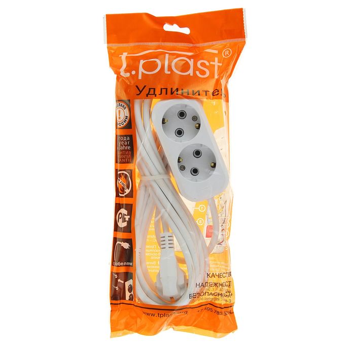 Удлинитель T.plast, 2 розетки, 5 м, 16 А, с з/к, 32.75.221.0405,