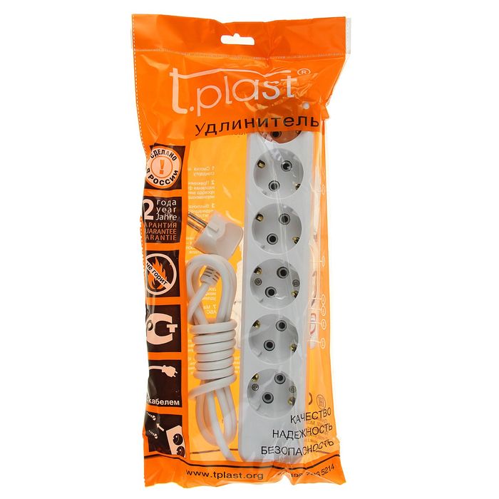 Удлинитель T.plast, 6 розеток, 2 м, 16 А, с з/к, 32.75.621.0402,