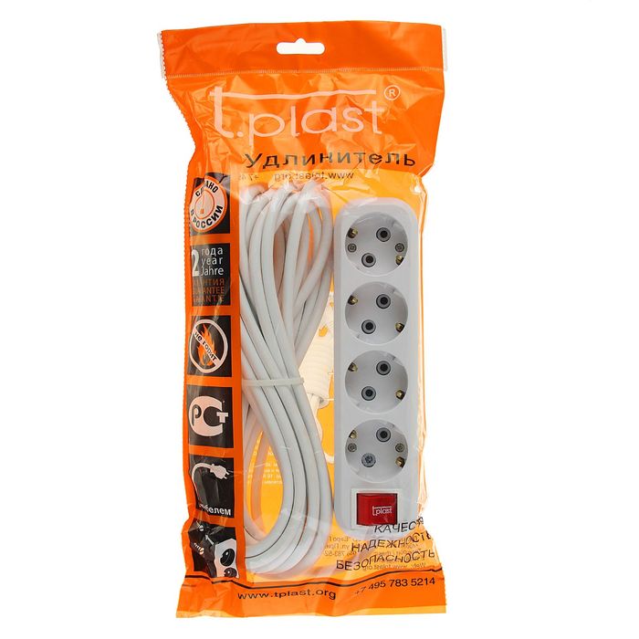 Удлинитель T.plast, 4 розетки, 7 м, 16 А, с з/к, с выключателем, 32.75.411.0407,