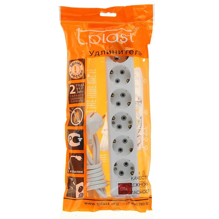 Удлинитель T.plast, 6 розеток, 2 м, 16 А, с з/к, с выключателем, 32.75.611.0402,