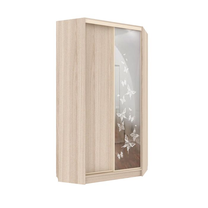 Угловой шкаф-купе Удобный 1 зеркало Бабочки Ясень Шимо Светлый