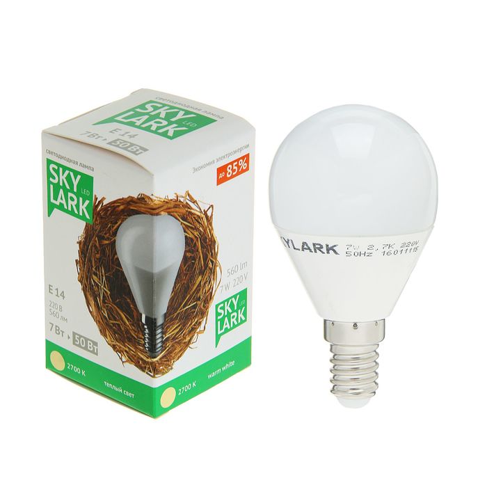 Лампа светодиодная Sky Lark, E14, G45, 7 Вт, 2700 K, теплый белый