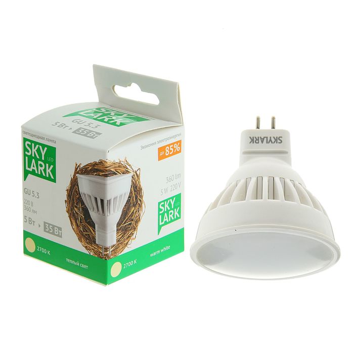 Лампа светодиодная Sky Lark, GU5.3, MR16, 5 Вт, 2700 K, теплый белый