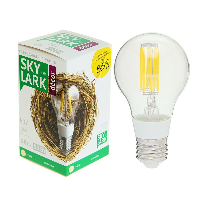 Лампа светодиодная Sky Lark, E27, A60, 6 Вт, 2700 K, теплый белый