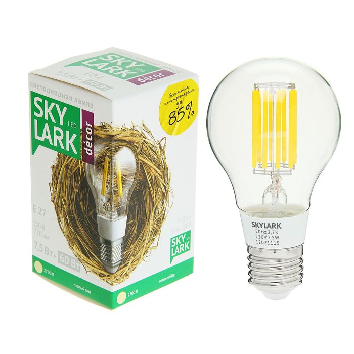 Лампа светодиодная Sky Lark, E27, A60, 7,5 Вт, 2700 K, теплый белый