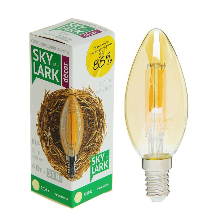 Лампа светодиодная Sky Lark, E14, C37, золотая, 4 Вт, 2700 K, теплый белый