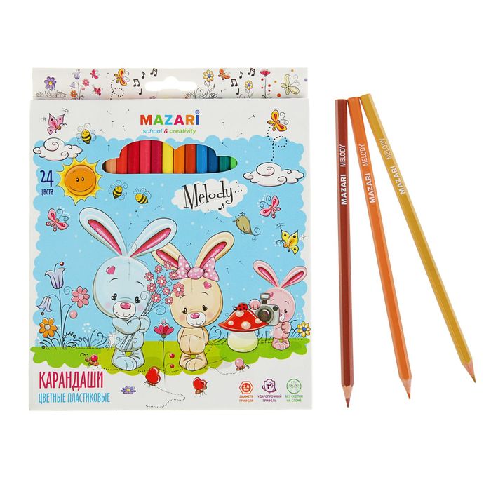 Карандаши 24 цвета Melody, пластиковые, шестигранный корпус, d грифеля=2.6 мм, европодвес