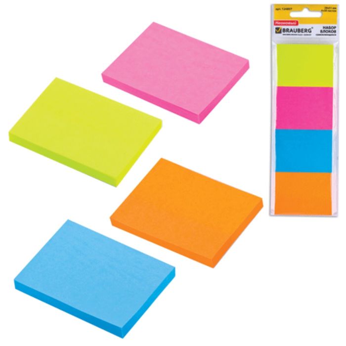 Набор блоков с липким краем 4 штуки по 50 листов, 38х51мм, Неоновые, микс, европодвес