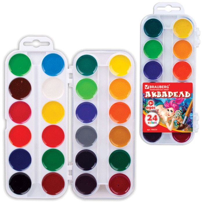 Акварель медовая 24 цвета, пластиковая коробка, без кисти