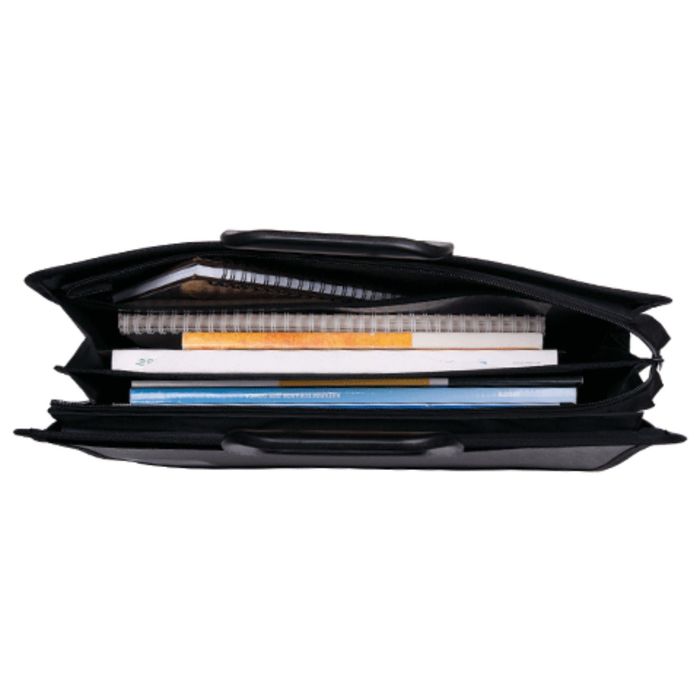 Портфель пластиковый 390х320х120мм, фактура под дерево, 4 отделения, черный