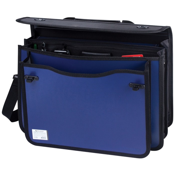 Портфель пластиковый А4+, 370х270х180мм, на 2 замках и ремне, 3 отделения, сине-черный