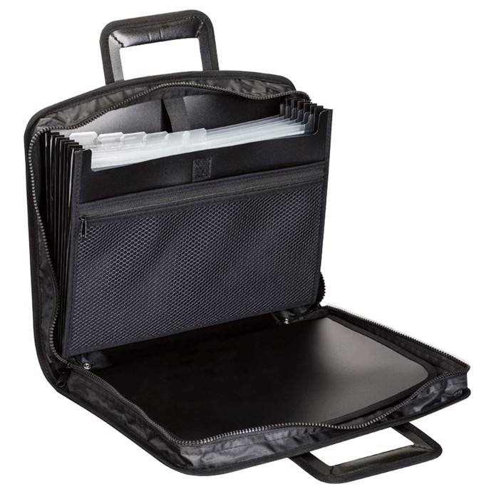 Портфель-папка пластиковый А4+, 355х290х60мм, на молнии, выдвижные ручки, 8 отделений, 2 кармана, черный