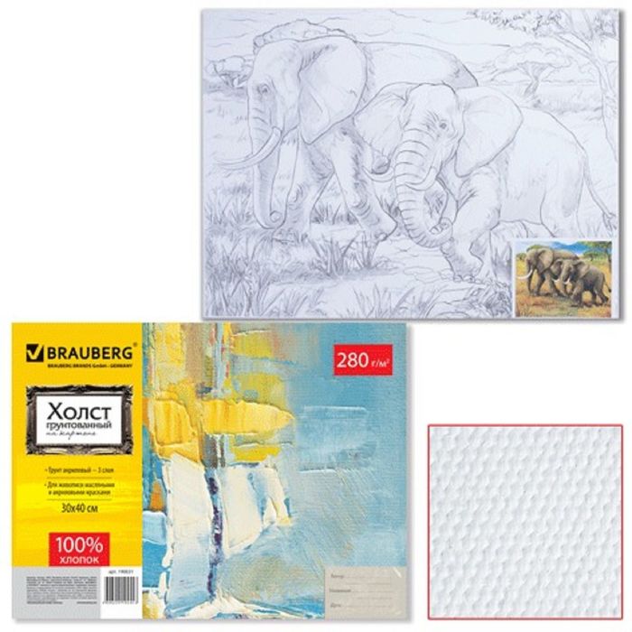 Холст грунтованный на картоне с контуром 30х40см, 100% хлопок, мелкое зерно "Слоны"