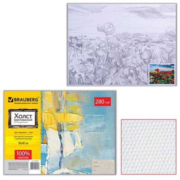 Холст грунтованный на картоне с контуром 30х40см, 100% хлопок, мелкое зерно "Маки"