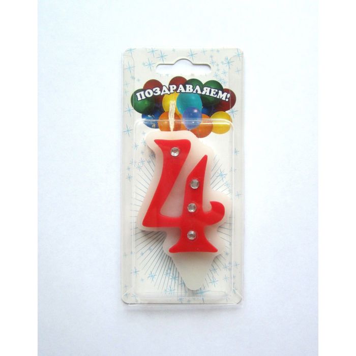 Свеча для торта цифра "Стразы" красно-белая "4", большая