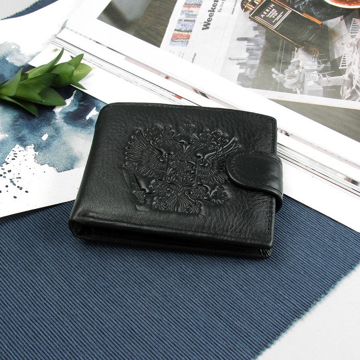 Портмоне мужское "Герб", 3 отдела, отдел для карт и монет, цвет чёрный