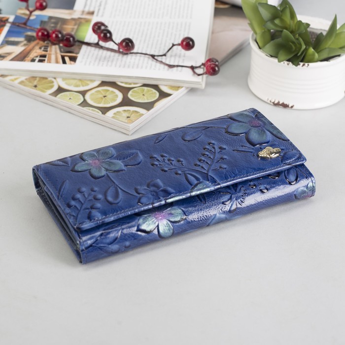 Кошелёк женский на клапане, 3 отдела, отдел для карт, для монет, наружный карман, цвет синий