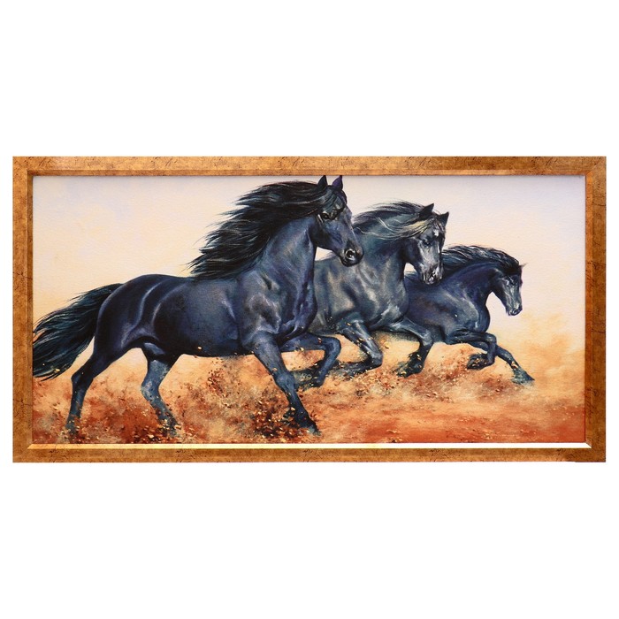 Гобеленовая картина Чёрные кони 63*123 см гобеленовая картина георгины на окне 63 123 см рамка микс