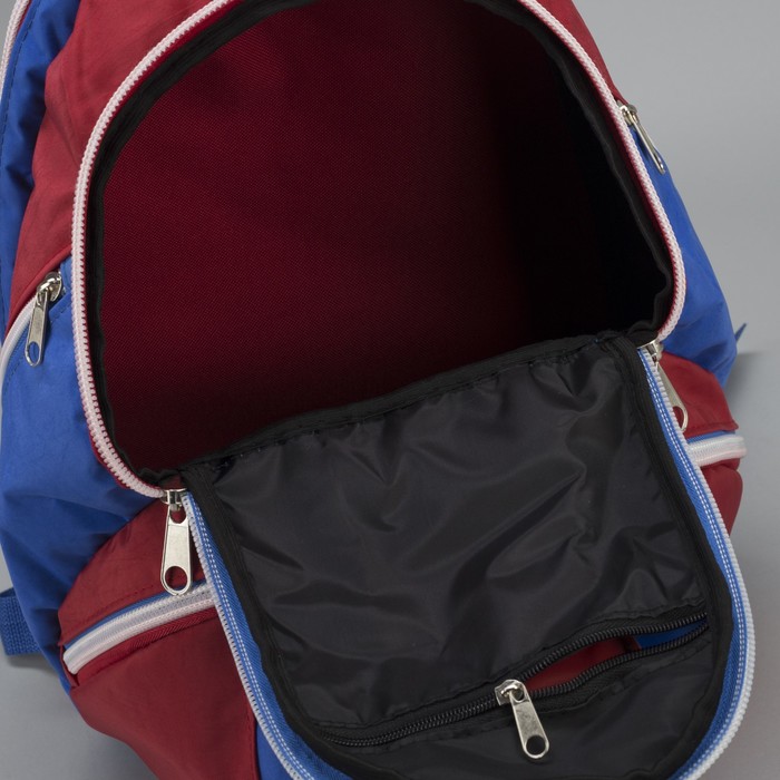 Рюкзак на молнии, 2 отдела, 3 наружных кармана, цвет василёк/красный