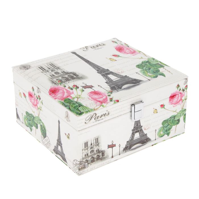 Шкатулка кожзам под часы 1 отделение и бижутерию "Эйфелева башня в розах" 11х22х20 см