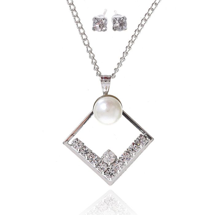 Гарнитур 2 предмета: серьги, кулон "Невесомость", ромб, с бусиной, цвет белый в серебре