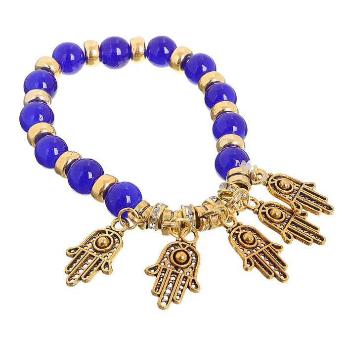 Браслет-оберег "Рука-Хамса" 5 подвесок, цвет синий в золоте