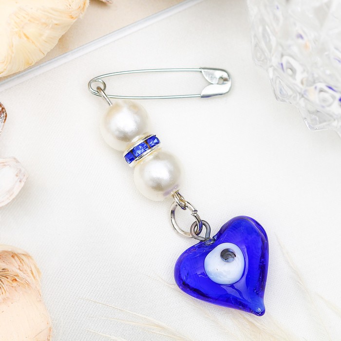 Булавка-оберег "Счастье", 2см, цвет бело-синий в серебре