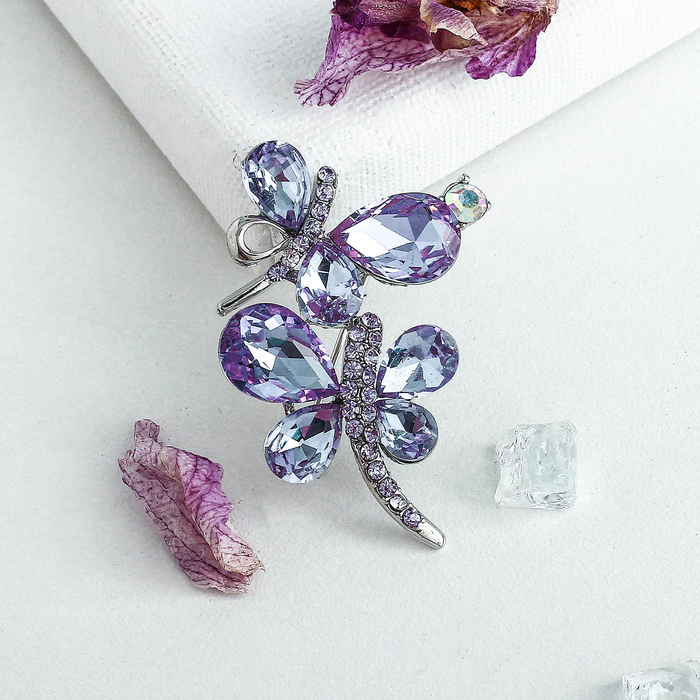 Брошь "Бабочки стеклянные", цвет сиреневый в серебре