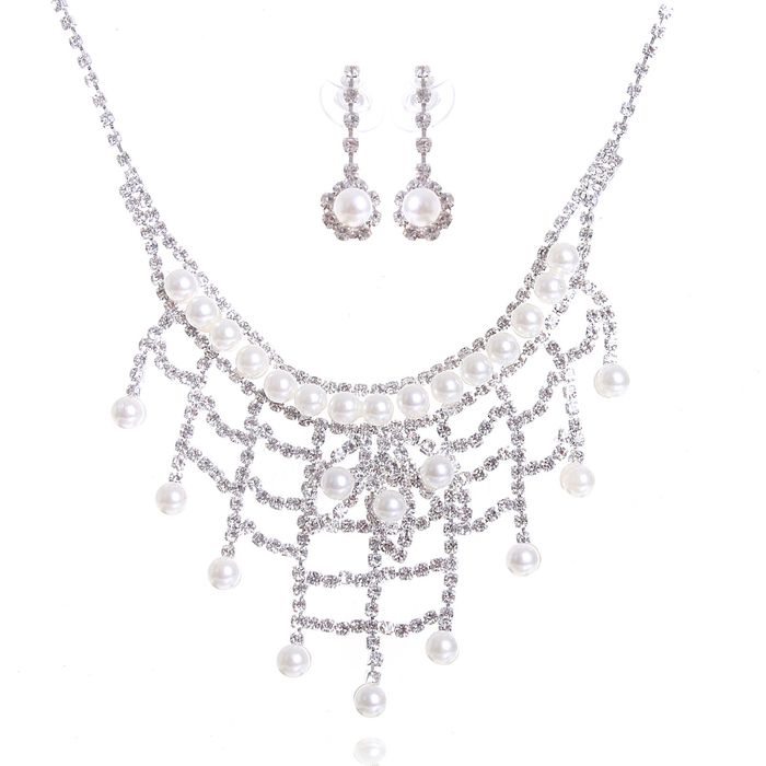 Набор 2 предмета: серьги, колье &quot;Жемчужный блеск&quot; паутинка, цвет белый в серебре