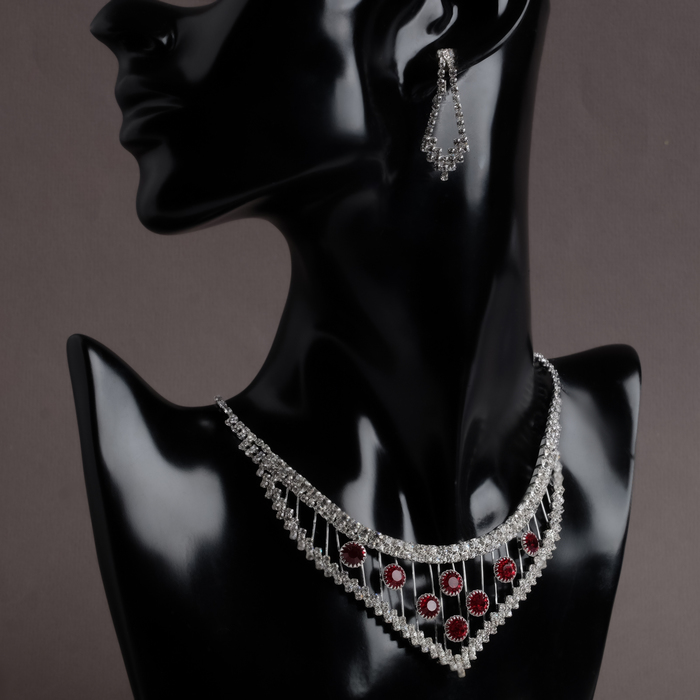 Набор 2 предмета: серьги, колье "Сияние вечера", цвет бело-красный в серебре